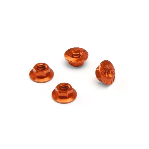 SERRATED FLANGE NUT M4 (ORANGE/4pcs) Flanged nut for use wit HPI